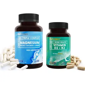BioEmblem Triple Magnesium Complex + Vitamin D3 K2 Capsules - 300mg High Absorption Magnesium for Healthy Bones & Immune System Support