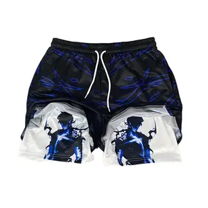 Solo Leveling Sung Jin Woo Men's Regular  Print 2 in 1 Drawstring Waist Shorts,Casual Pocket Track Shorts for Summer,Fashion Men's Bottoms for Daily Wear