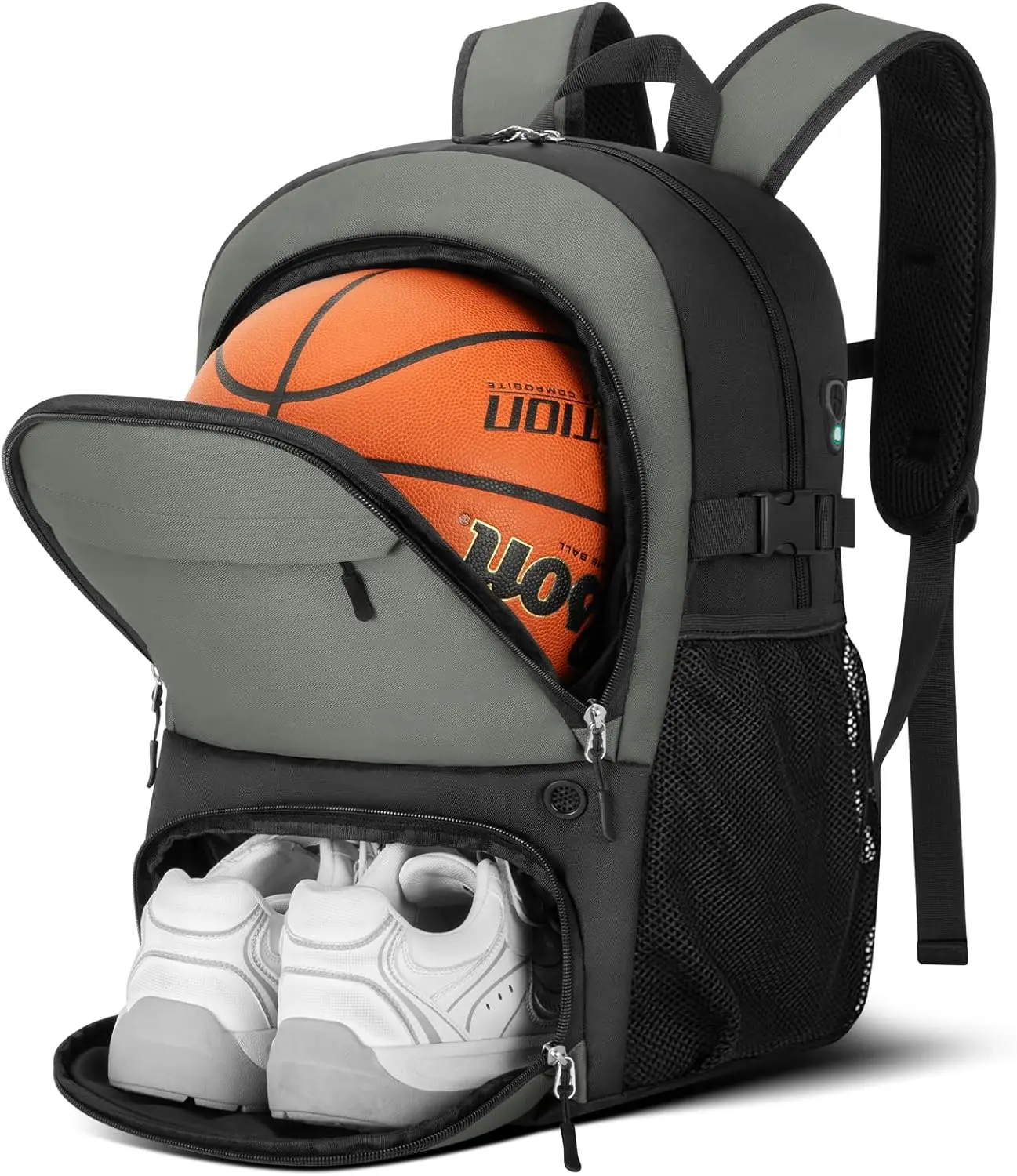 Lightbiz 34L Large Capacity Basketball Bag Backpack with Ball Holder & Ventilated Shoe Compartment, Water-Resistant Sports Equipment Bag with USB Port & Reflective Strips for Basketball, Soccer, Volleyball, Gym, School, Travel, Men, Women, Boys & Girls