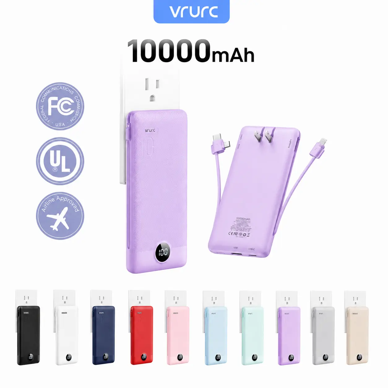 VRURC 10000mAh Portable Charger Power Bank with Built-in Cables, AC Wall Plug, Multiple Ports & USB Type-C, LED Display, Compact External Charger for iPhone, Android Phones