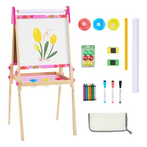 Kids Art Easel for 3+ Years Old, Adjustable Wooden Double-Sided Magnetic Chalkboard & Whiteboard with Paper Roll Holder, Toddler Drawing Easel Gift for Boys & Girls