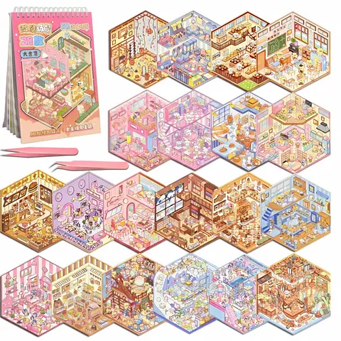20 Sets DIY 3D Sticker Scene Collection Book for Kids Adults Cute Make Your Own Shop House Stickers for Gifts Stickers Therapy for Adult Relief Stress Pass The Time Play Park Hamburg Castle Library