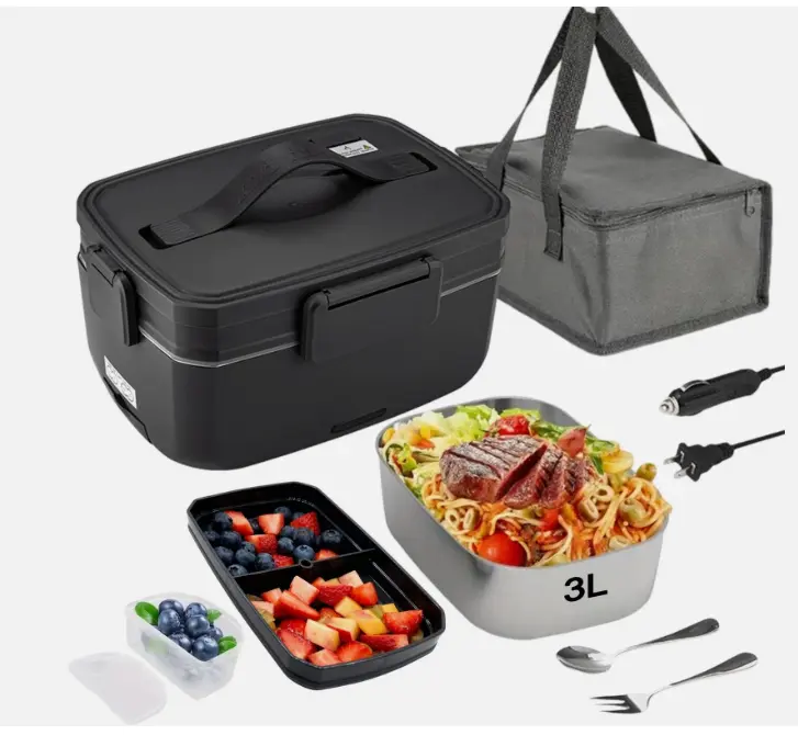 Electric Lunch Box Food Heater, 3 in 1 Ultra Quick Heated Lunch Boxes for Adults, 12V/24V/110V Portable Food Warmer for Car/Truck/Office With Fork Spoon and Insulated Carry Bag