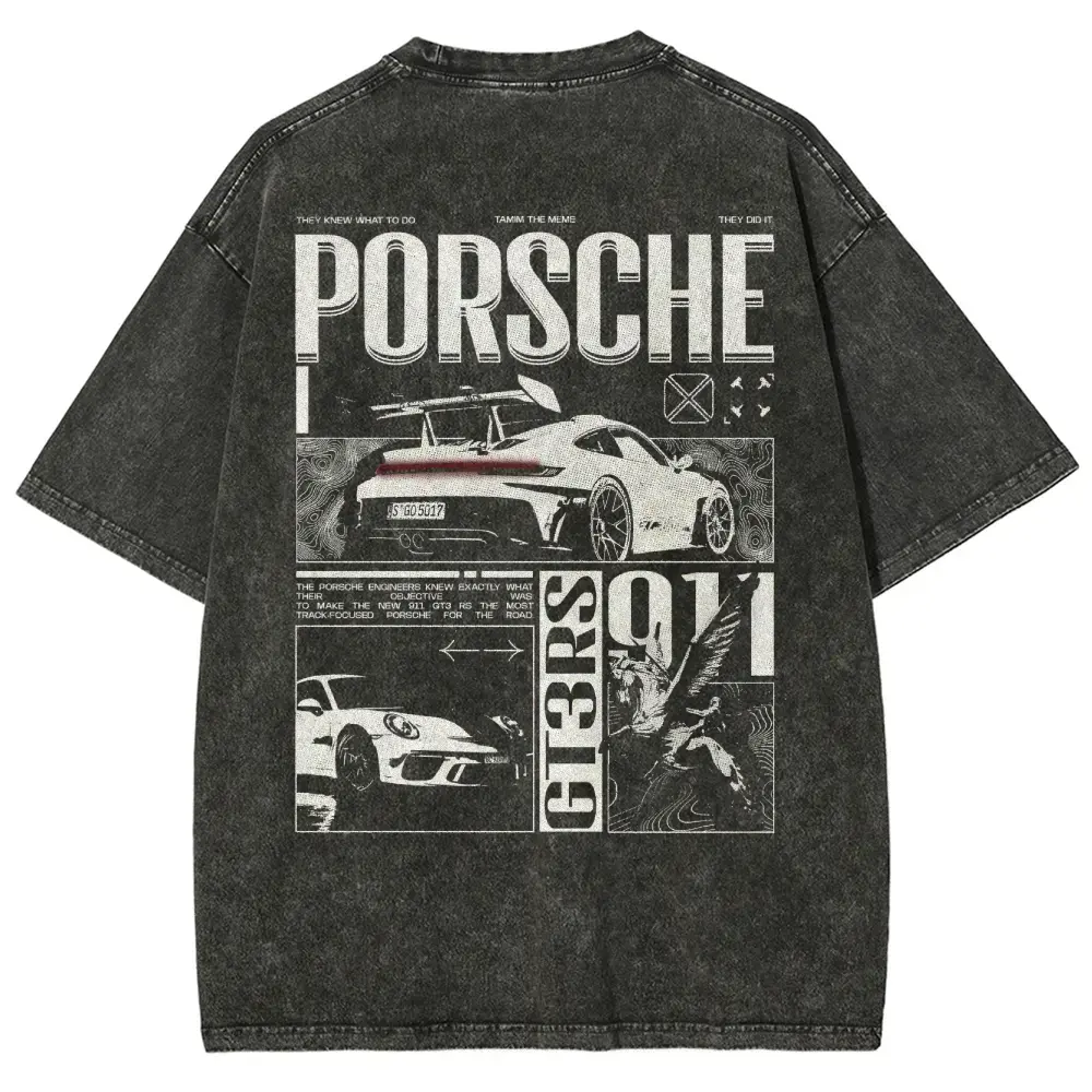 Vintage Washed 911 Graphic Tee Oversized Men's Cotton T-Shirt. Y2K Streetwear Outfits, 90s American Casual Short Sleeve, Classic Unisex Sports Car Top. Premium Acid Wash Gym Daily Wear, Auto Motorsport Drift Lifestyle Retro Racing Shirts For Him.
