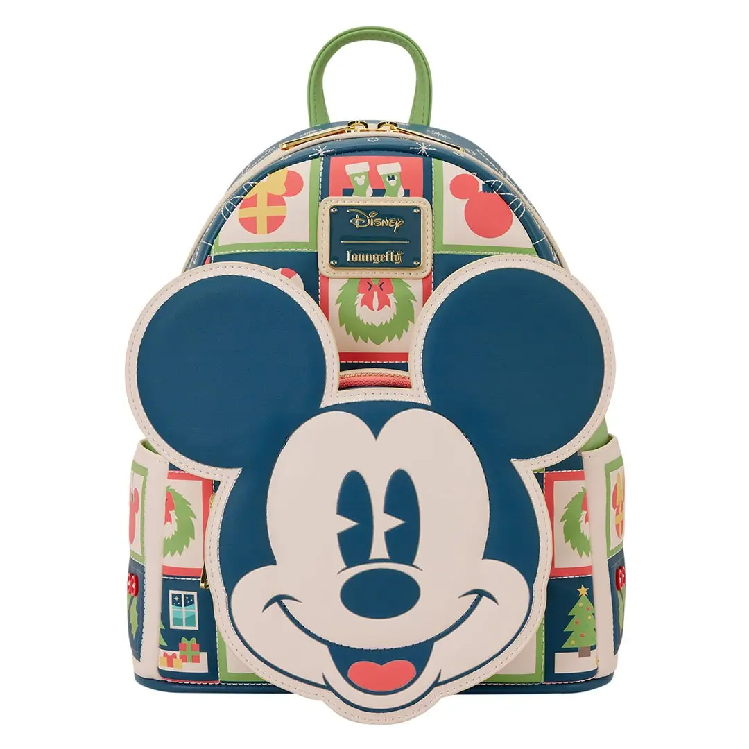 Loungefly Disney Mickey Mouse Holiday Mini Backpack, Festive Faux Leather Everyday Carry with Debossed Symbols, Applique & Buttons, Evergreen Trees, Backpack Design, Quilted Material