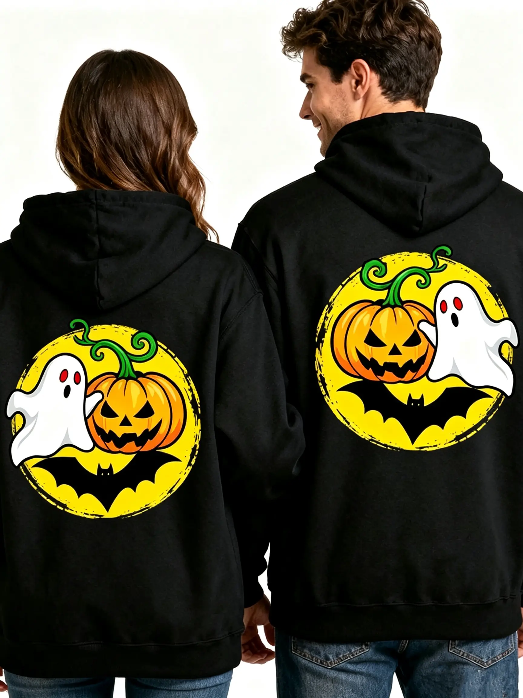 Men's And Couples' Black Halloween Hoodie - Heavyweight Jacket, Pumpkin Pattern Print, Bat Wing Design On The Back, Hooded Sweatshirt Suitable For Costumes And Casual AutumnWinter Wear (Machine Washable)