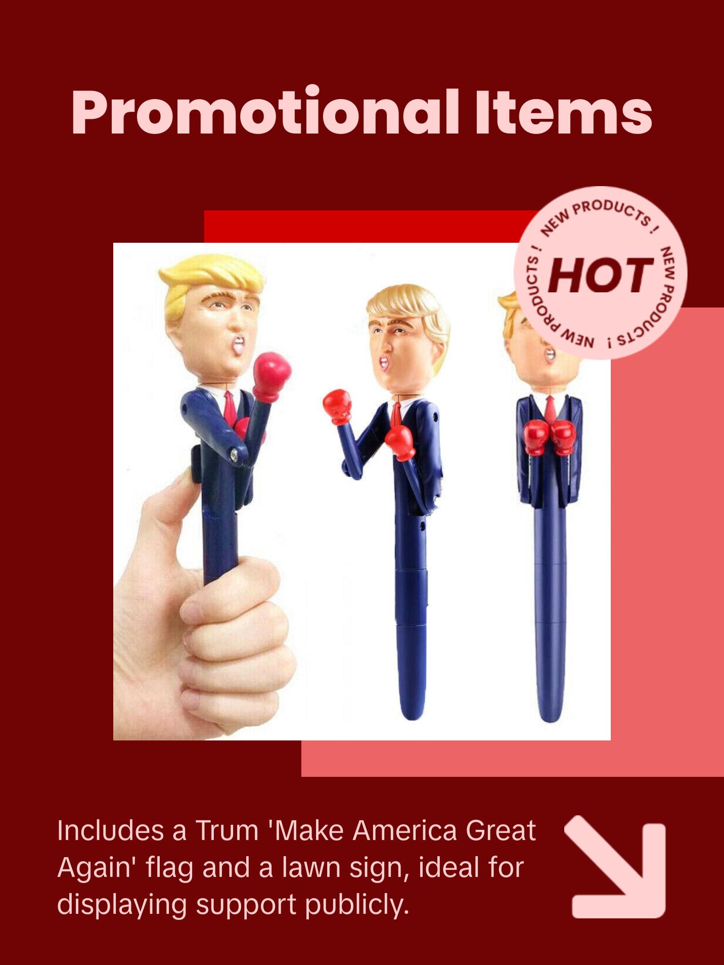 Trum 2024 All-In-One Bundle including socks, hat, banner, flag, multi-function pen, stickers, and coin