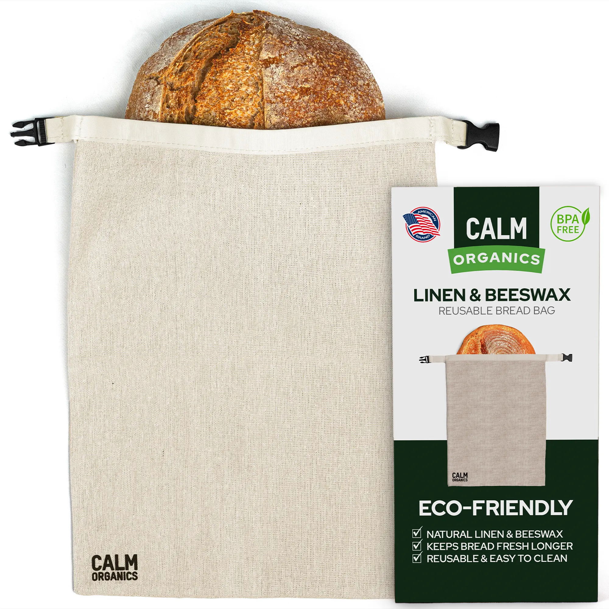 Calm Organics Reusable Linen Bread Bag with Natural Beeswax Lining Eco Friendly Plastic-Free Food Storage for Sourdough, Baguettes, Artisan Loaves & Homemade Bread Zero Waste Kitchen Bag Keeps Bread Fresh Longer Sustainable Durable Best Way to Store Bread