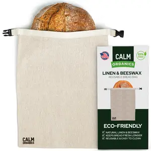 Calm Organics Reusable Linen Bread Bag with Natural Beeswax Lining Eco Friendly Plastic-Free Food Storage for Sourdough, Baguettes, Artisan Loaves & Homemade Bread Zero Waste Kitchen Bag Keeps Bread Fresh Longer Sustainable Durable Best Way to Store Bread