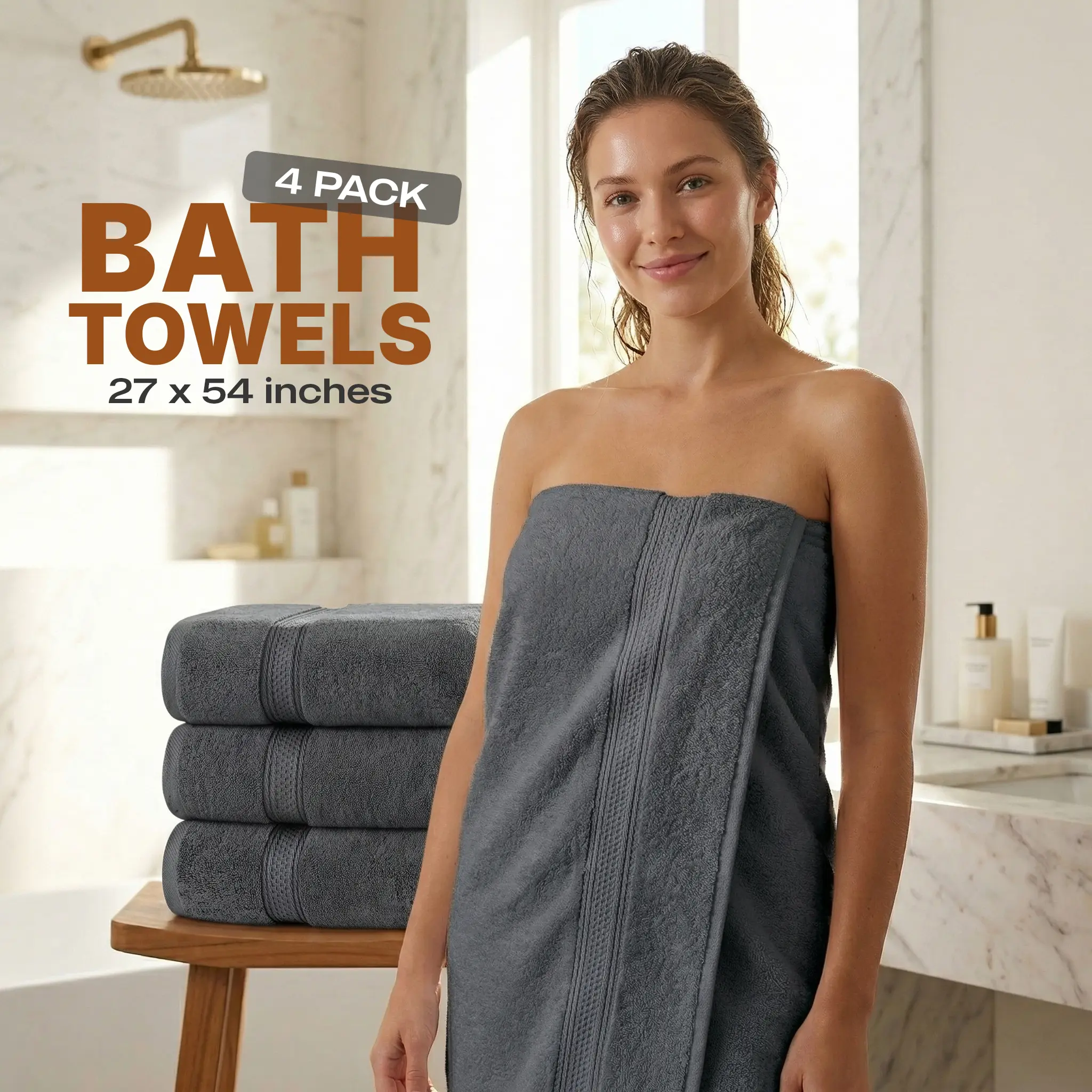 4-Pack Ring-Spun Cotton Bath Towels, 27x54in Large Absorbent Layer Premium Quick-Dry Towels for Daily Home Bathroom Use
