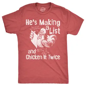 Mens Hes Making A List and Chicken It Twice T Shirt Funny Xmas Rooster Santa Joke Tee for Guys Mens Funny T Shirts Cool Vintage Fashion T-Shirt Gift Classic Menswear Christmas Apparel for Men Funny Animal Short Red -