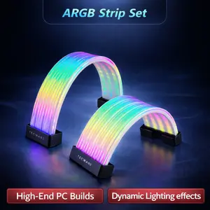 DICHNE Flex RGB Cable Cover Kit | Compatible with 24-Pin Motherboard and 8-Pin/16-Pin GPU | ARGB PSU Cable Extension with 5V 3-Pin Sync | RGB Lighting Kit for PC Cables | Black