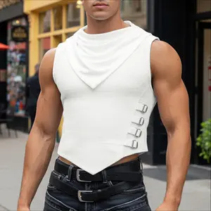 INCERUN Men's Sleeveless Cyberpunk-Techwear Cowl Neck Vest - Slim Fit Goth Mensfashion Tank Top with Ribbed Fabric, Side Buckle, Irregular Hem for Summer
