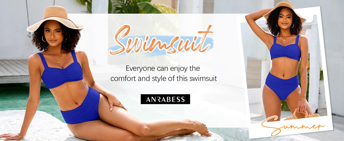 ANRABESS Bathing Suit for Women Tummy Control Bikini Set 2026 Beach Front Ruched Mid Waist Swimsuit with Adjustable Straps SpringStatements