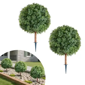 【FathersDayGift】VEVOR Artificial Topiary Boxwood Trees with Ground Spike, 27 inch 2 Set Faux Shrubs & Bushes Potted Plants, Fake Silk Tree Look Real for Decor Front Porch Outdoor Indoor Patio Garden Balcony Backyard