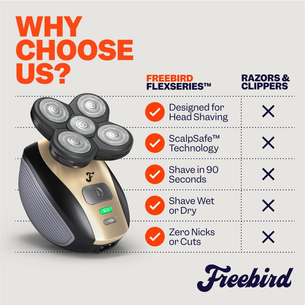 Freebird FlexSeries Electric Head & Body Shaver/Razor For Men – Smooth, Cordless, Waterproof, Skin-Safe Rotary Razor with Nose Hair Trimmer, Brush & Massager for Bald Men