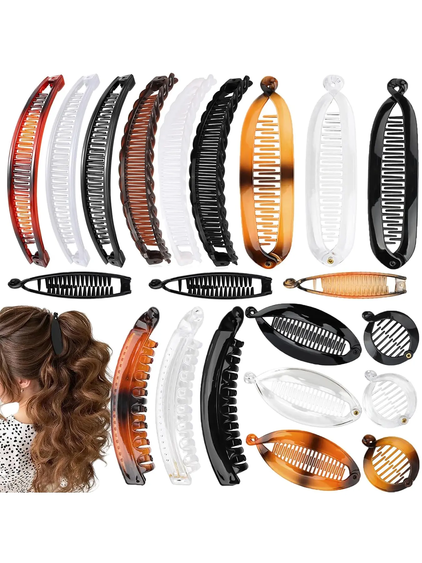 21pcs Banana Clip Hair Clips Barrettes, Hapdoo Banana Clips for Women Girls Volumizing Ponytail Hair Claw Clip Hairstyle Accessory, Hair Volume Clip, 7 Styles, Hair Claws Set