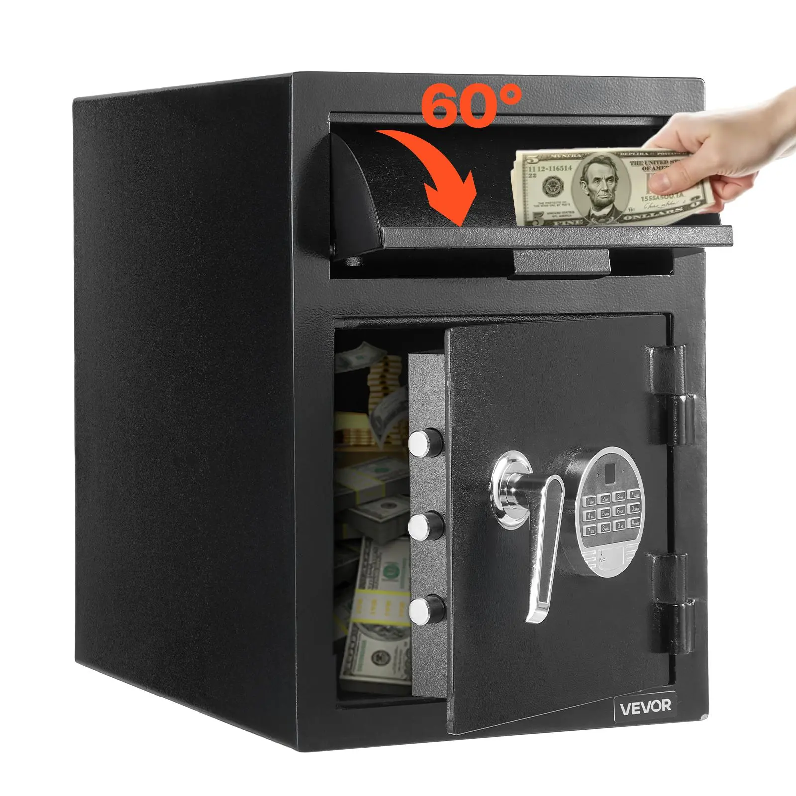 【Summerfinds】VEVOR 1.2 Cu Ft Security Home Safe for Adults - Solid Steel Donation Box with Digital Keypad, 2-Tier Storage, Spare Keys, Pry-Resist Door, LED Light, 6-Hole Mounts, Impact Alarm (Black)