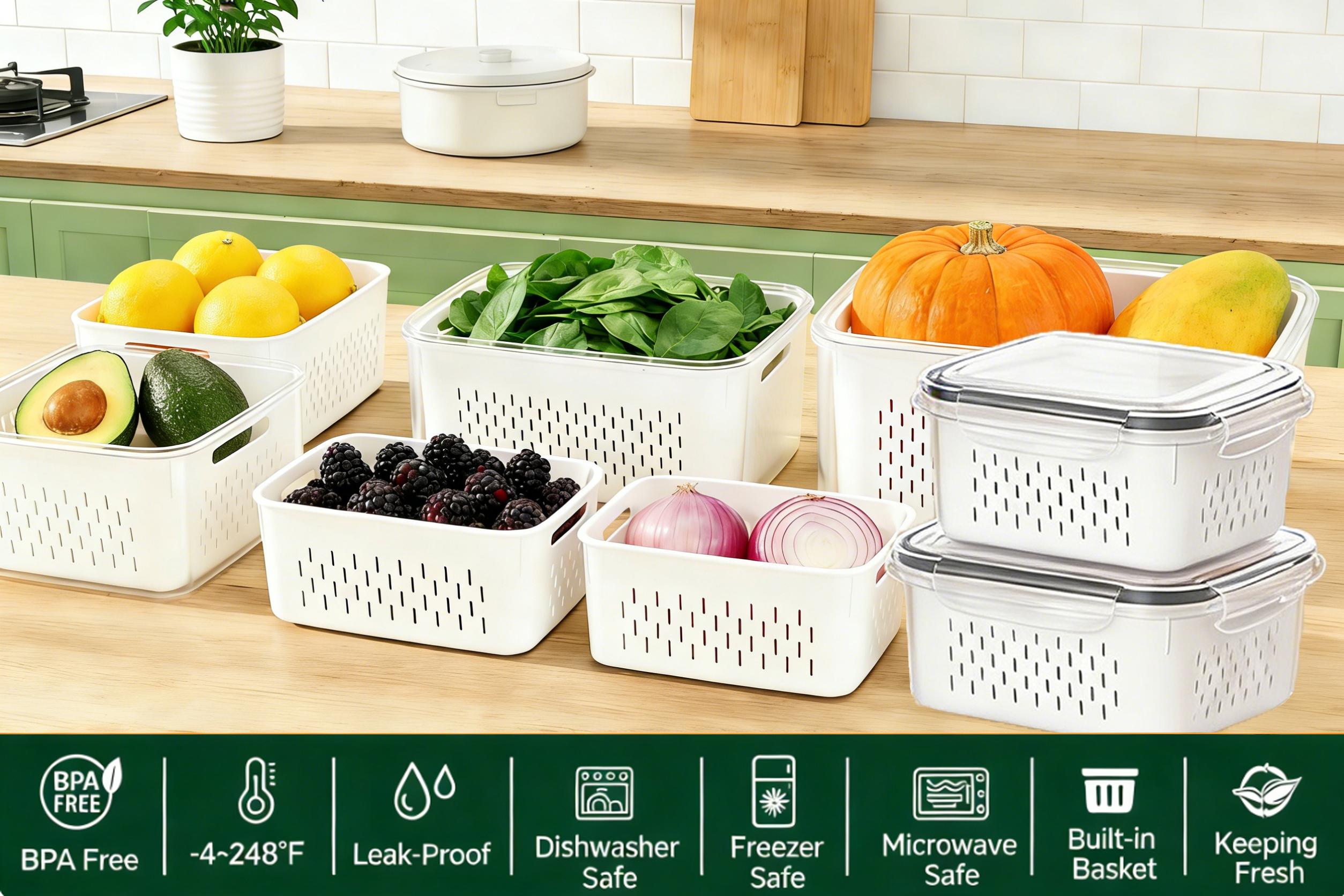 16 pcs Fruit Storage Containers (8 Colanders & 8 Storage box) for Fridge with Removable Colander, Airtight Food Storage Container Organiser Set Utensils with Lids  Kitchen Stackable