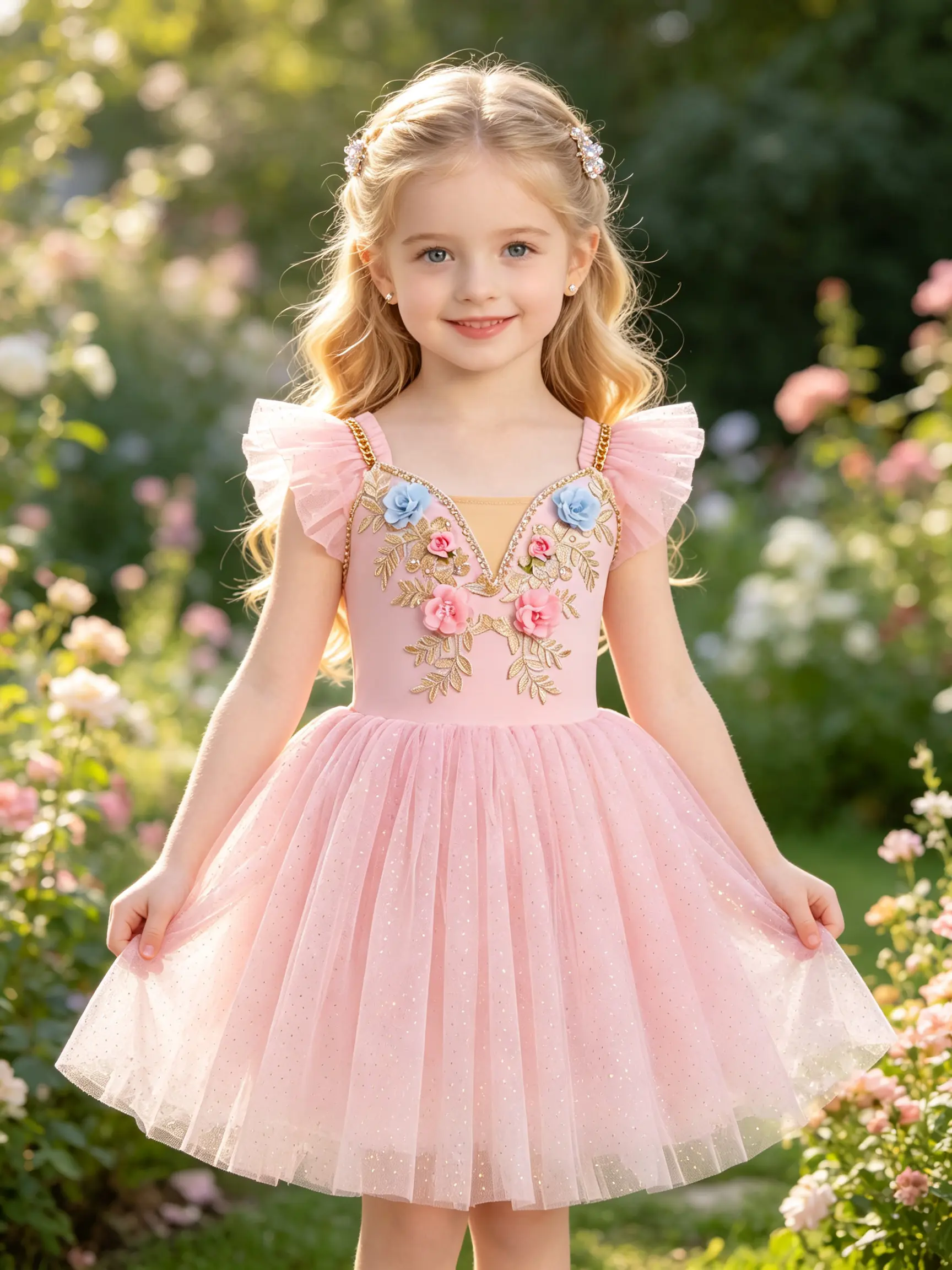 Little Girls 3D Floral Embroidery Ballet Tutu Dress Leotard Ruffle Flutter Sleeve Sparkle Pink Tulle Skirt Kids Gymnastics Recital Dance Costume Toddler Princess Training Outfit