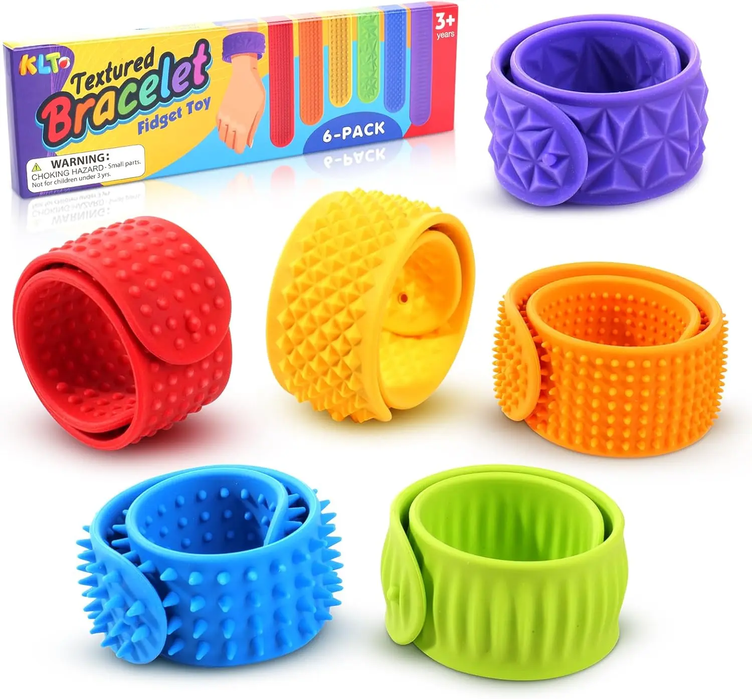 LESONG Textured Sensory Slap Bracelets (6/12pcs) - Silicone Wearable Stress Relief Fidget Toys, Classic Stress Relief Toys, Sensory Products for Kids, Mental Health Gifts for Easter Baskets, Steel Band Flex, Washable Silicone
