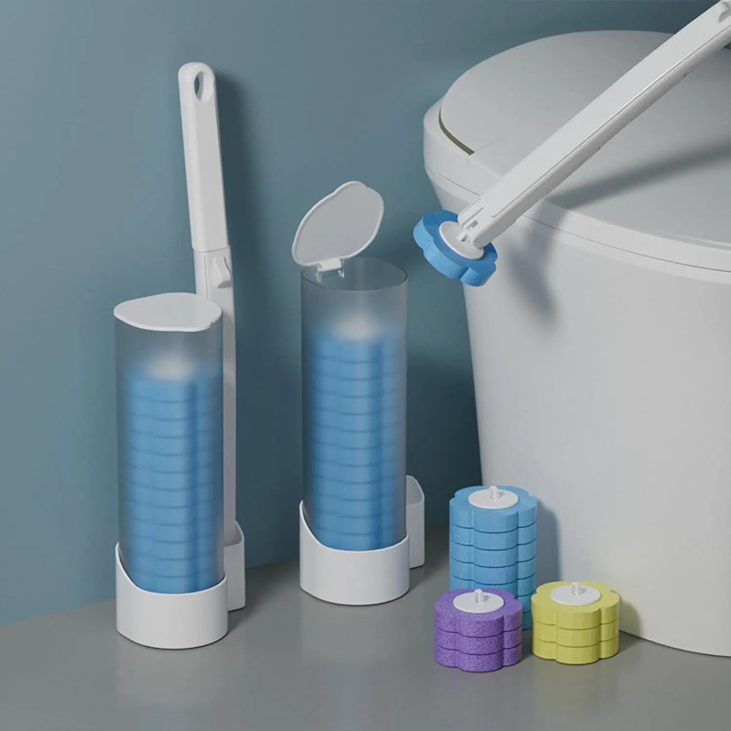 Disposable Toilet Bowl Cleaning Kit with 12/24/36 Plastic Cleaner Refills, Long-Handle Rotatable Sponge Scrub Brush, Wall-Mount Storage Caddy, Fragrance-Free Low-Foaming Cleaners for Toilet, Sink, Bath Tub Accessories, Cleaning Supplies