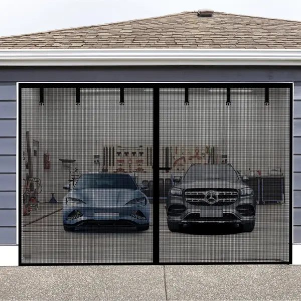 16*7ft Retractable Heavy Duty Garage Screen Door Kit Pack for Home Gym, Playroom & Art and Craft Rooms - Outdoor Tear-Proof Wind Resistant Net Screen with Reinforced Magnetic Closure, Strapping Tapes, Hands-Free Operation, Easy Assembly, Weighted Bottom,,