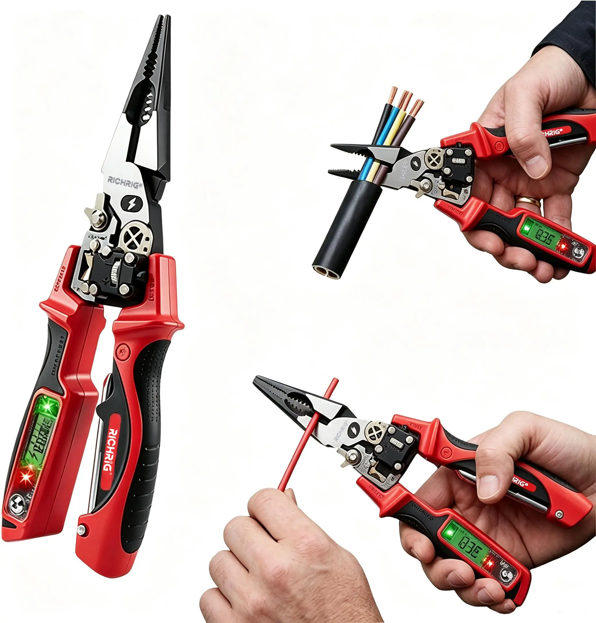 Multifunctional digital display electrician's pliers, RICHRIG wire strippers with voltage testing function, professional electrician's wire stripping tools, heavy-duty cable cutters, maintenance equipment