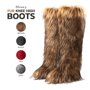 Fur Knee High Boots For Women Round Toe Flat Heel Pull On Comfortable Warm Boot Fashion Party Dress Fluffy Furry Trendy Snow Y2K Boots