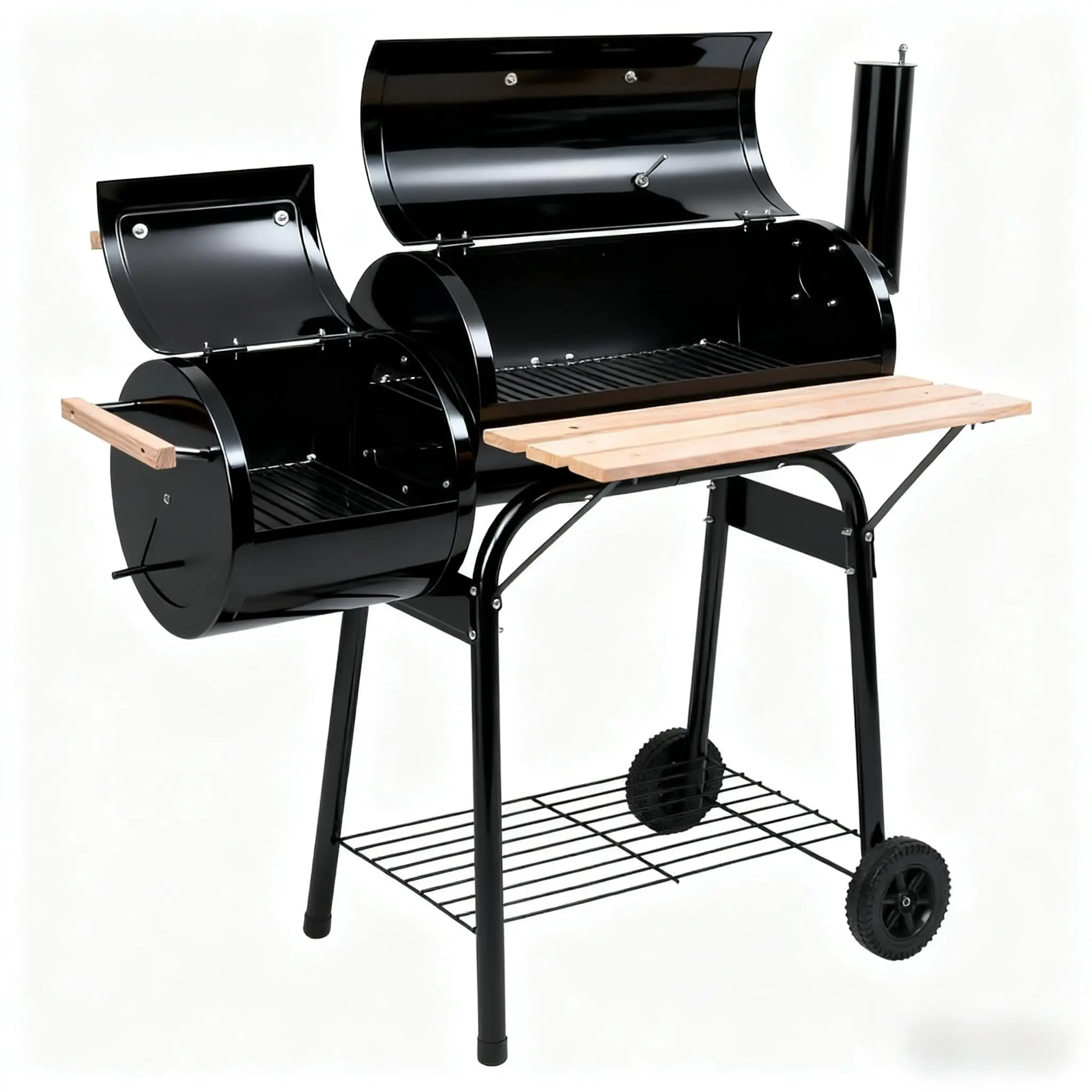 Portable Charcoal Wood Barbecue Grill with Smoker, Thermometer, Side Shelf, Adjustable Damper, Steel Handles, Outdoor BBQ Burner & 2 Moveable Wheels - (44.1 x 25.1 x 44.7) inches, Easy to Setup for Camping, Patio, Backyard Family Use