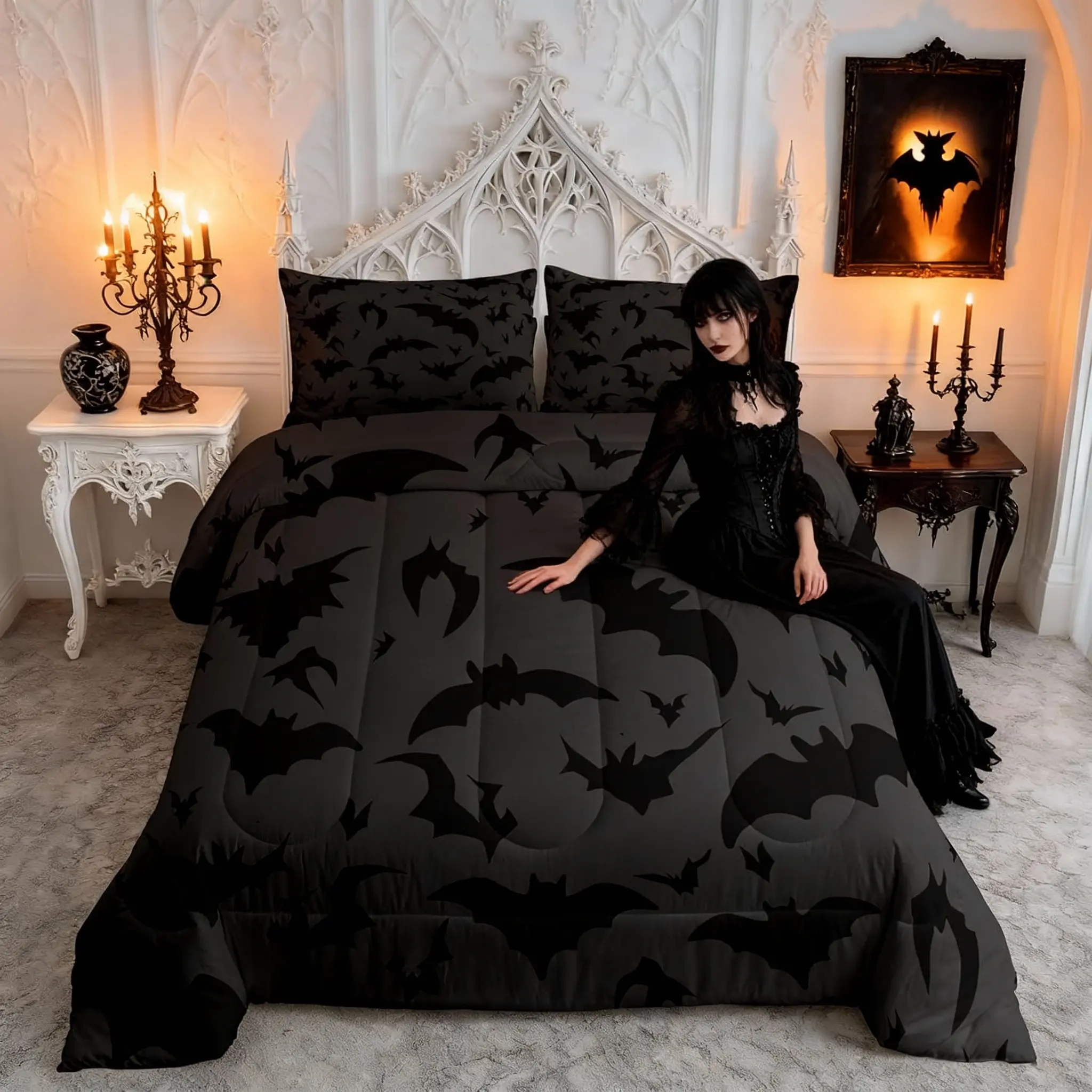 Feelyou Unique Bats Pattern Comforter Set - Queen Size Bedding Set, All-Season Black & Gray Quilt for Teens' Night Decor, Bedding Sets, Comforter Queen Size