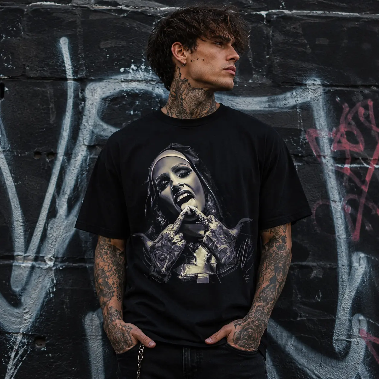 100% Cotton Graphic T-Shirt, Occult Gothic Dark Nun Horror Tee, Satanic Tattoo Style Shirt, Unholy Nun Streetwear Top, Vintage Y2K Grunge Apparel, Casual Round Neck Short Sleeve Shirt, Edgy Graphic Tee for Men & Women Menswear Crewneck Black Shortsleeve