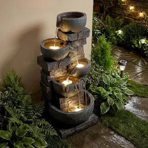 COSTWAY Water Fountain Outdoor, 5-Tier Cascading Stacked Stone Bowl Waterfall Fountain with LED Lights & Pump, Outside Water Feature for Patio, Balcony, Deck, Garden, Yard Decor