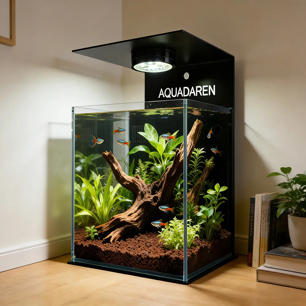 2.5 Gal (10L) Low-Iron Glass Fish Tank for Beginners, Betta Fish Tank with Built-in Water Filter System, Magnetic LED Light, Iron Rack