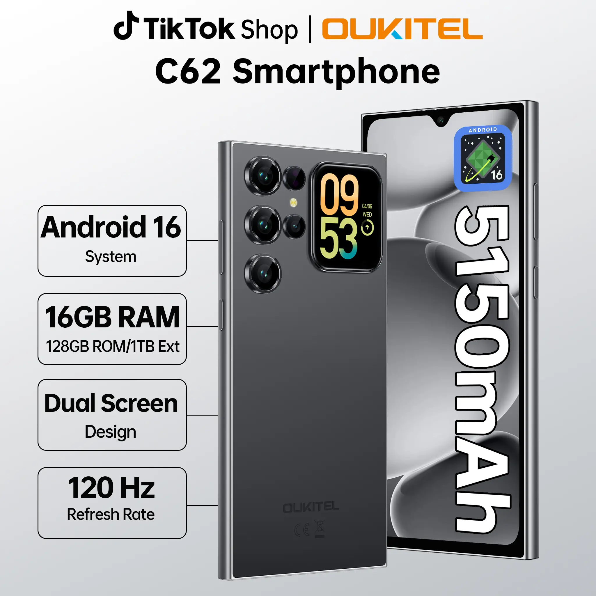 OUKITEL C62 2026 Dual-Screen Unlocked Android 16 Smartphone, 1.81" Smart Rear Display, 16(4+12)GB RAM + 128 GB ROM , Octa-Core Mobile Phone, 6.88" HD + 120Hz, 5150 mAh Battery, 13 MP + 5 MP Camera, 4G Dual SIM/GPS/Face ID/Fingerprint Unlock/T-Mobile