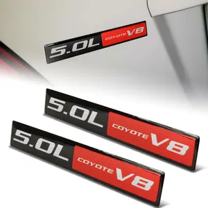 2pcs Universal Red Black Coyote 5.0L V8 Engine Aluminum Sticker Decal Emblem Badge