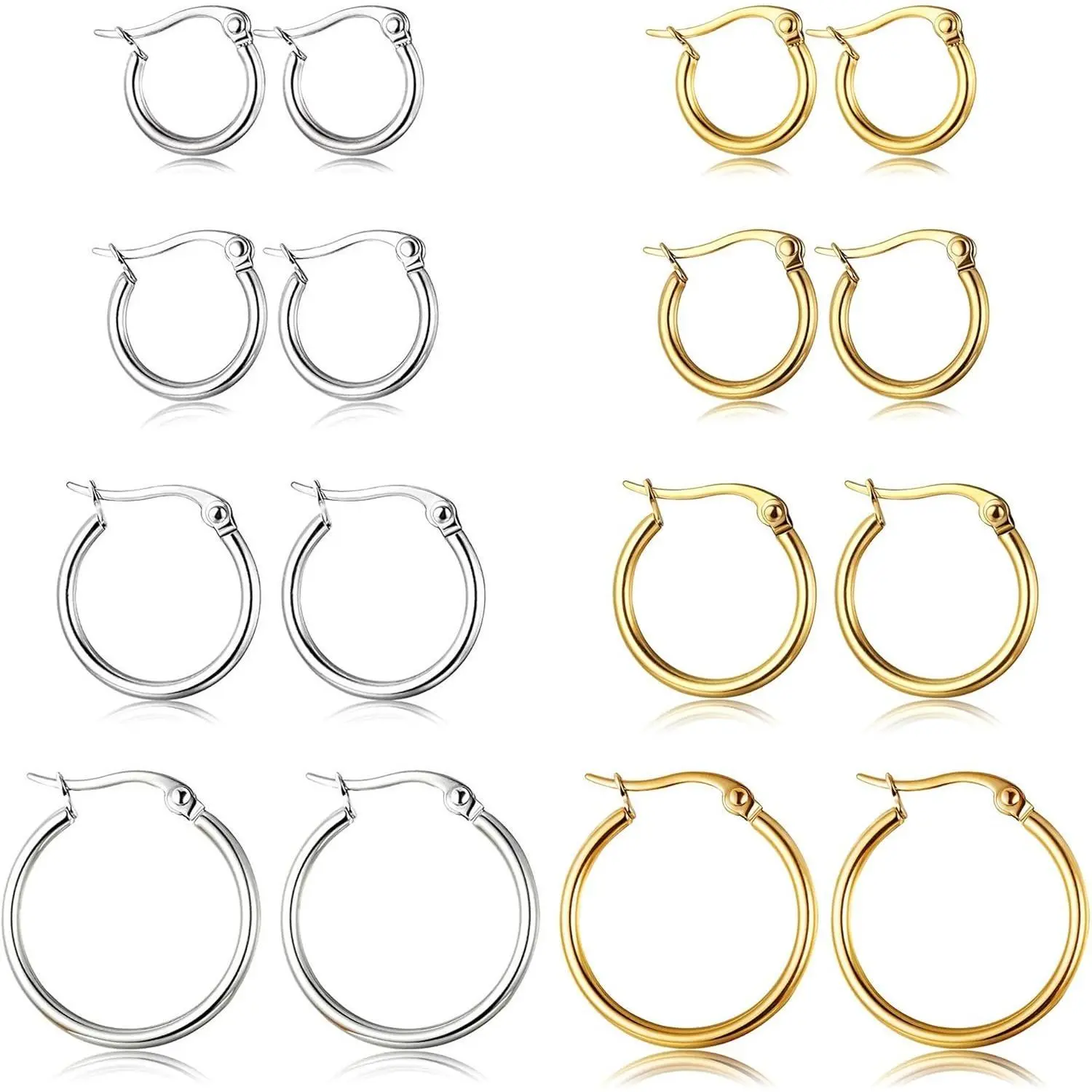 CASSIECA Women's 4-Pair Stainless Steel Earring Stack Set - Hypoallergenic Gold Plated, Silver, Lightweight Classic Hoop Earrings, 10MM-20MM Huggie Hoops Fashion Jewelry Accessories for Summer