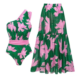 FLAXMAKER Women's One Shoulder Printed One Piece Swimsuit and Matching Cover Skirt Set Swimdress Stylish Beachwear Bathing Suit #Summervibes outdoorfun #SwimWeek