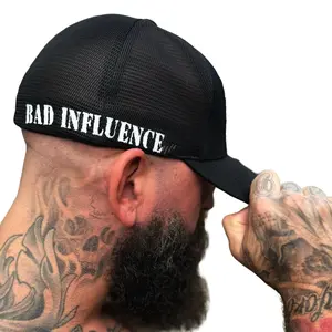 The Drive Clothing 'BAD INFLUENCE' Side Style Flexfit Hat - Fitted Black Hat With White Font, Original Flexfit Technology, Heather Jersey Front With Soft Mesh Back, Structured Five Panel Mid Profile Design For Everyday Streetwear Comfort Snapback Cap