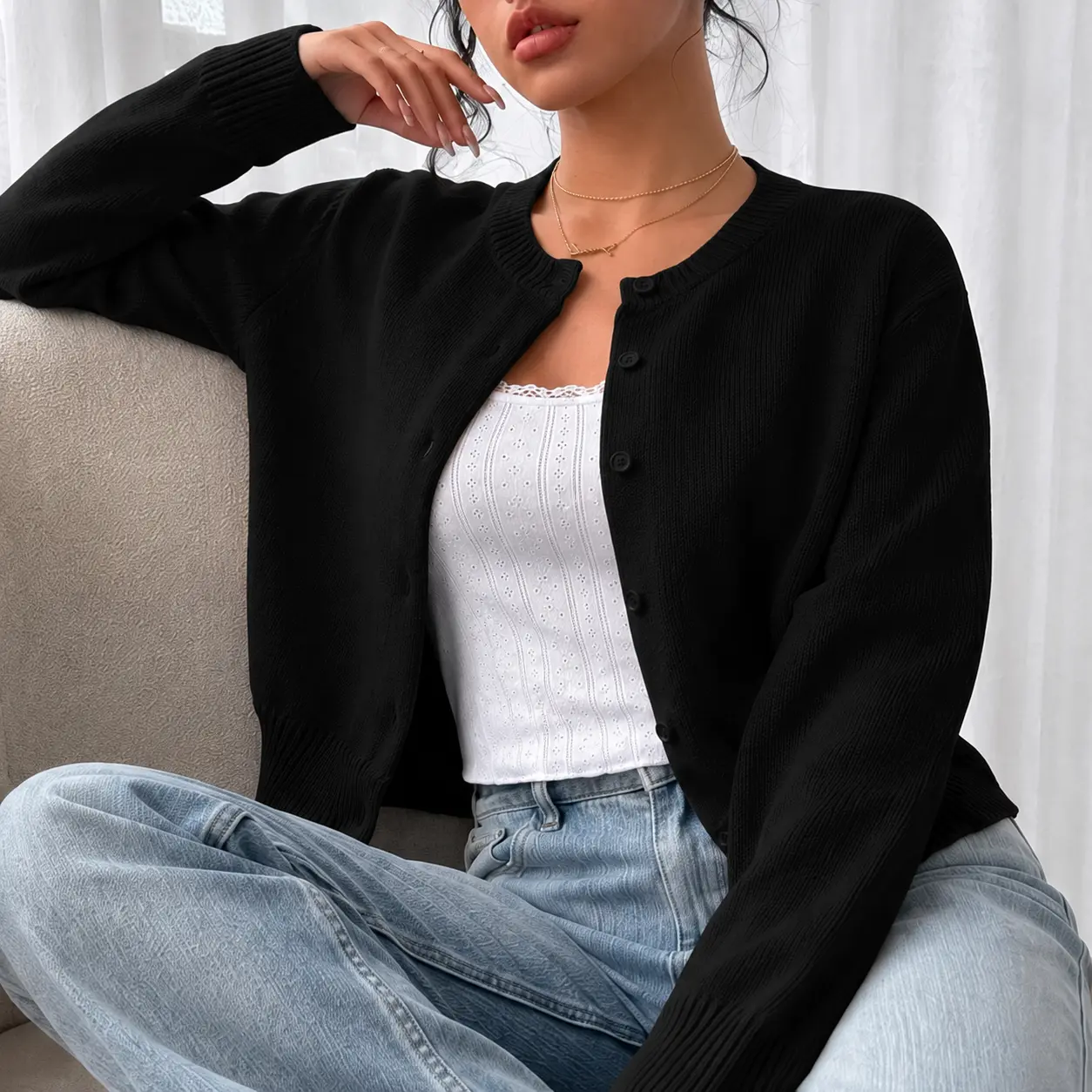 Women's Basic Knitwear Longsleeve Cropped Cardigan Sweater - Lightweight Crew Neck Button-Down Bolero Shrug, Comfortable Breathable Layering Women's Top for Casual Office & Everyday Wear
