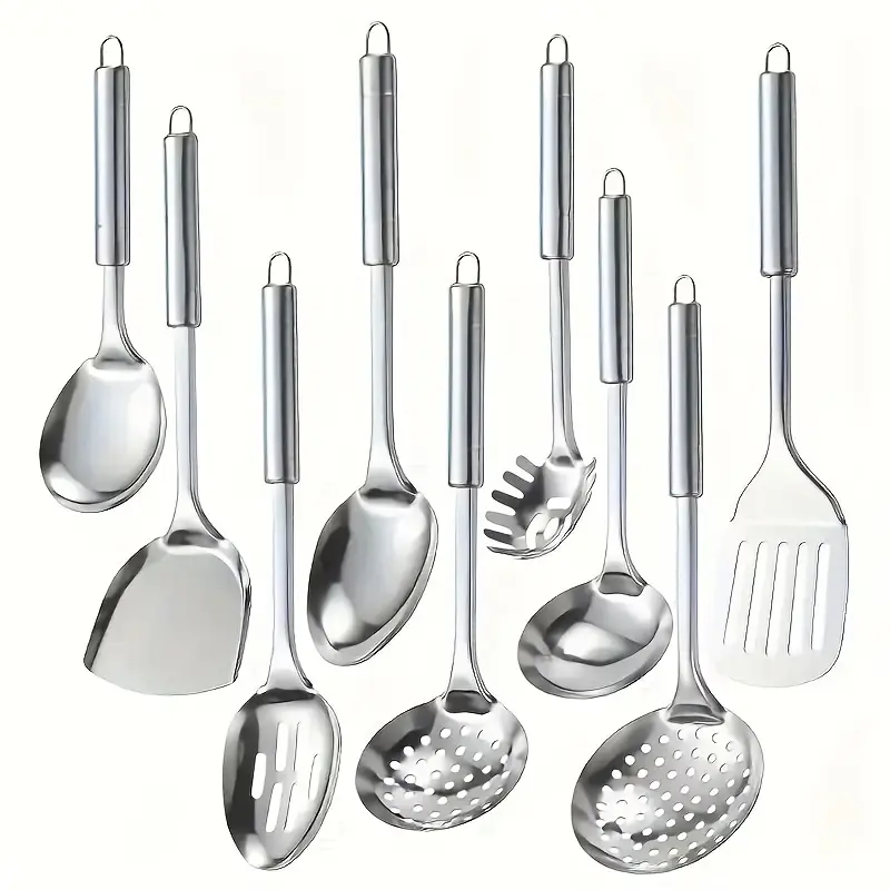 9Pcs Stainless Steel Cutlery Set, Non-Stick & Dishwasher Safe Serving Utensils, Kitchen Cooking Tools, Must-Have Gadgets for Home Cooks, Perfect for Halloween & Christmas
