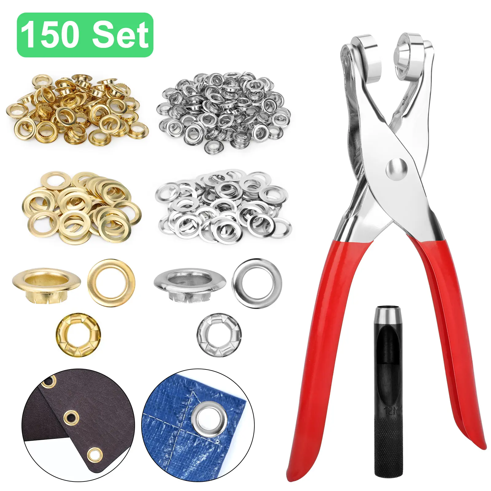 150Pcs Leather and Fabric Grommet Punch Kit - 1/2 inch Eyelets w/Leather Hole Punch,Eyelet Grommet Hand Press kit for Leather Belt Shoes Crafting repair ,Hand Tools
