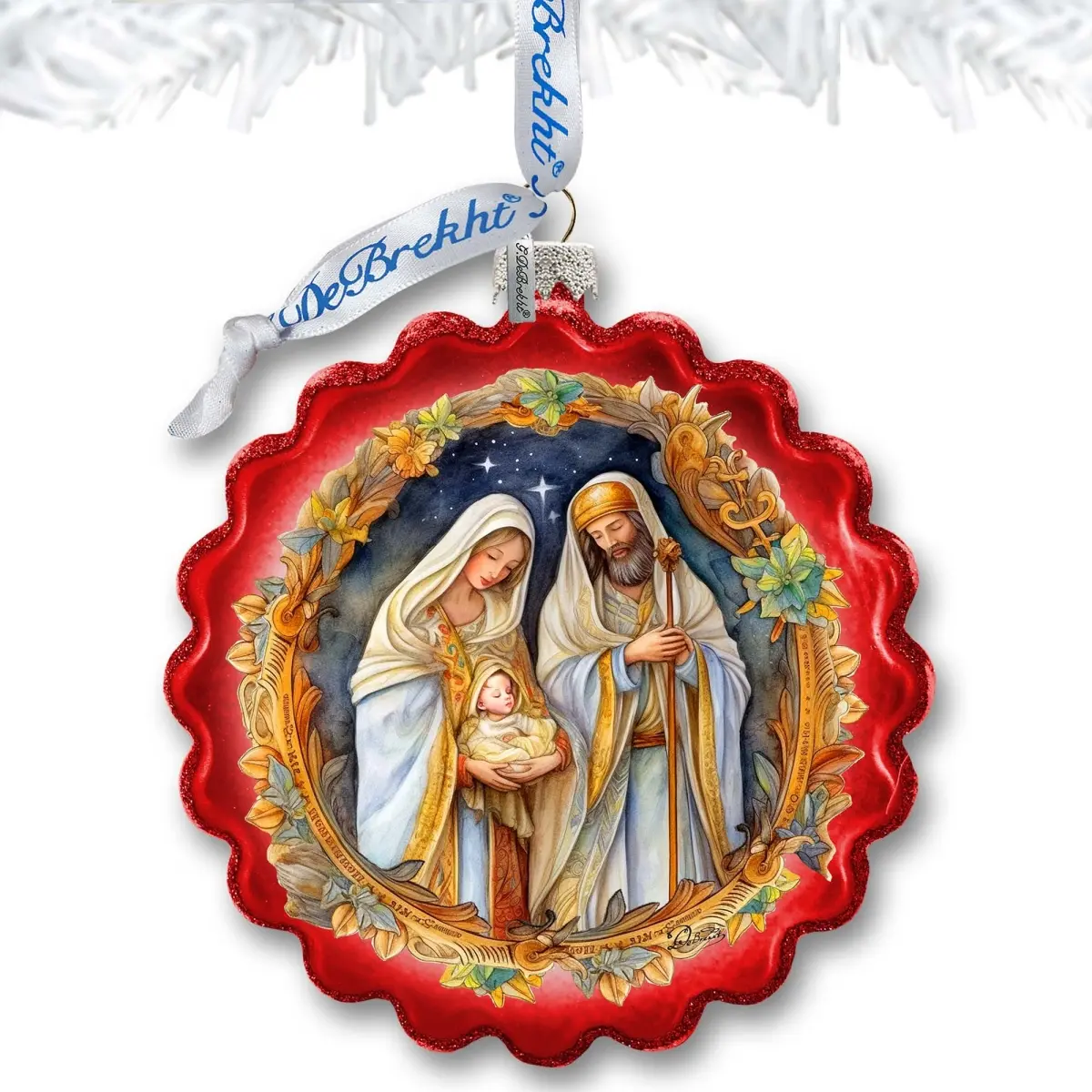 Designocracy 759-059 Hand-Painted Religious Decorative 4x3 in. Classic Holy Family Nativity Wreath Satin Glass Ornament with Ribbon, Boxed Christmas Tree Decoration for Festive Home Supplies, Handpainted, 4 X 3 In.