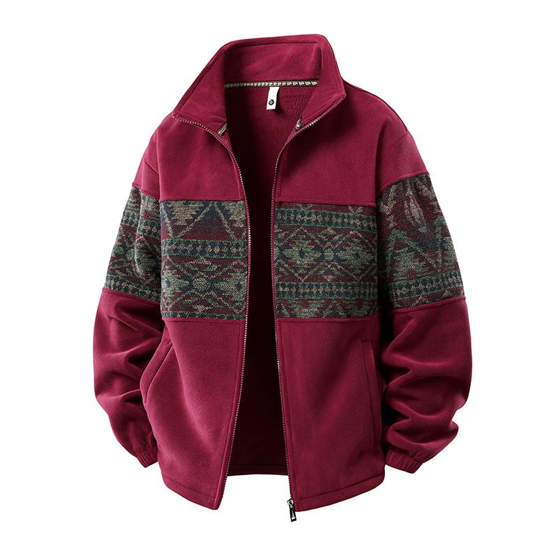 Men's Ethnic Pattern Full Zip Cardigan Sweatshirt, Stand Collar Casual Jacket, Fleece Lined Warm Loose Baseball Jersey, Men's Top for Autumn and Winter, Everyday Wear Sizes S-4XL