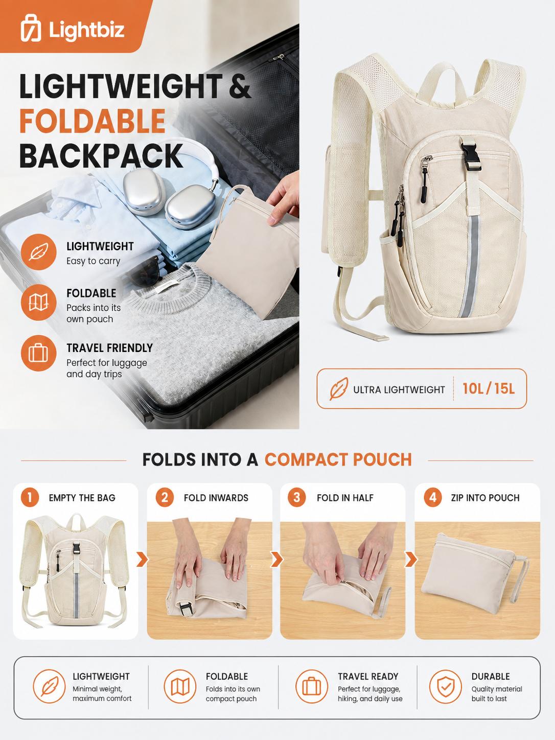 Lightbiz 10L/15L Foldable Hiking Backpack for Women Men, Lightweight Packable Travel Daypack with Shoulder Strap Phone Pocket, Adjustable Chest Strap, Reflective Strip & Bottle Pockets for Hiking, Cycling, Camping, Walking