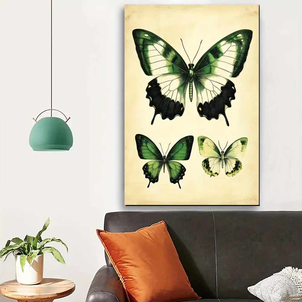 Butterflies, butterflies come in different sizes.Beige background, retro style.Rich colors.Framed, Ready to Hang, Home Art Decor, Artwork, Decorative Painting, Canvas Wall Art	
