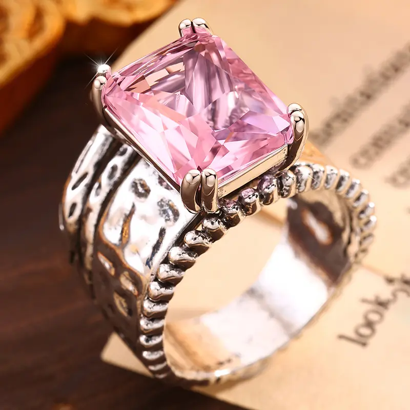 Women's Vintage Statement Ring - Copper Costume Jewelry with Bold Look, Geometric Pink Emerald Cut Stone, Antique-Inspired Elegant Piece for Everyday & Party Wear
