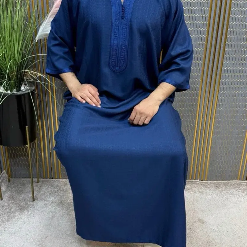Moroccan Abaya - Blue Long Sleeve Dress with Zip Closure, Plain Pattern, Perfect for Summer Wear