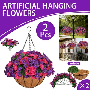 2 Pcs Artificial Morning Glory Hanging Baskets UV Resistant Faux Flower Baskets for Spring Summer Outdoor Porch Patio Balcony Garden Decor