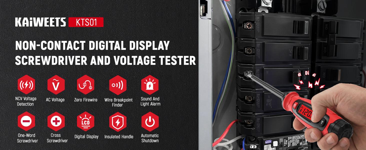【FathersDayGift】KAIWEETS KTS01/02 Voltage Tester, Non-Contact Low Voltage Tester Screwdriver, AC 3V-500V With LCD Alert Display, Live Wire Tester, Wire Breakpoint Finder, Audible Alarm, Portable Electrical Circuit Detector Tool for Home, For DIY, Safety